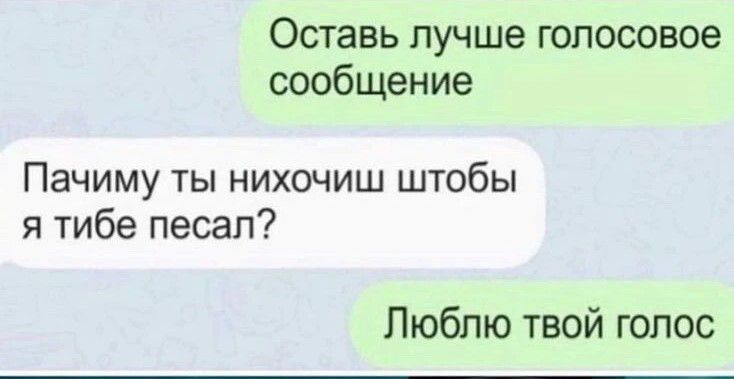 Оставь лучше голосовое сообщение Пачиму ты нихочиш штобы я тибе песап Люблю твой голос