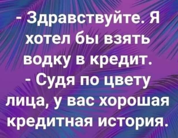 Здравствуйте Я хотел бы взять водку в кредит Судя по цвету лица у вас хорошая кредитная история