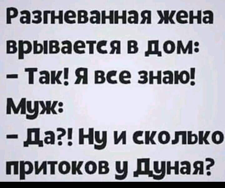 Разгневанная жена врывается в дом Так я все знаю Муж да Ну и сколько притоков у дуная