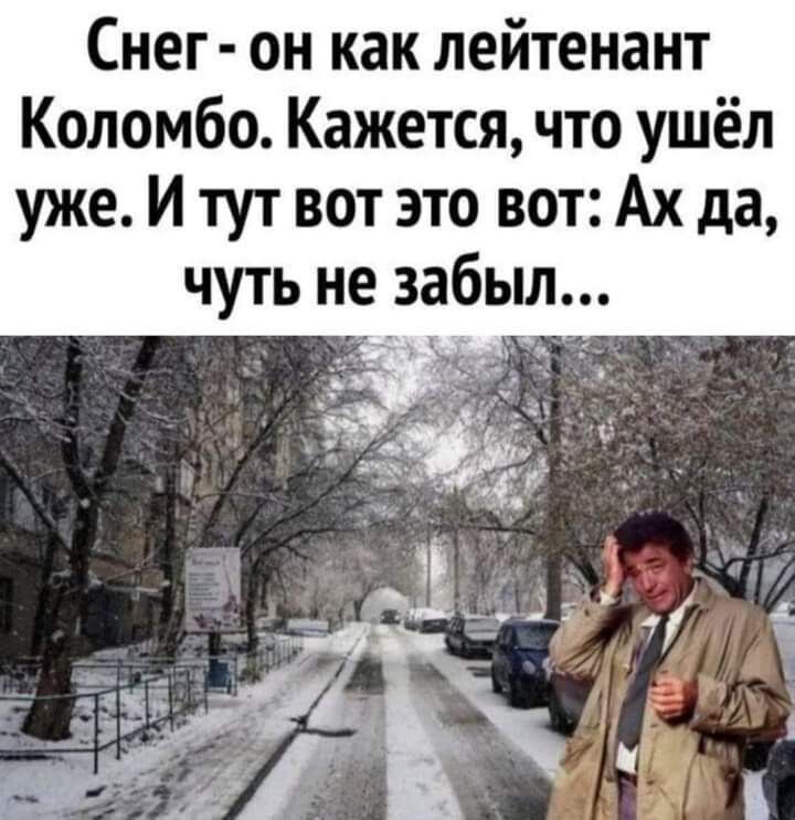 Снег он как лейтенант Коломбо Кажется что ушёл уже И тут вот это вот Ах да чуть не забыл