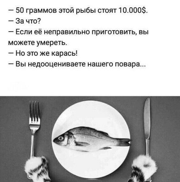 50 граммов этой рыбы стоят 100003 За что Если её неправильно приготовить вы можете умереть Но это же карась Вы иедооцениваете нашего повара