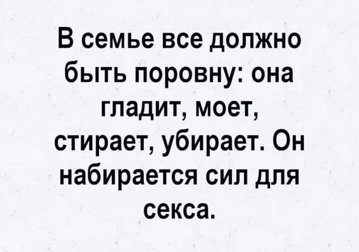 В семье все должно быть поровну она гладит моет стирает убирает Он набирается сил для секса