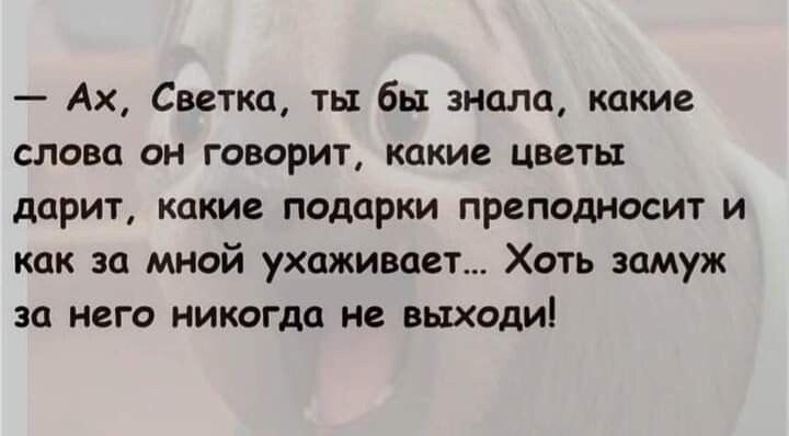 Ах Светка ты бы знала какие слова он говорит какие цветы дарит какие подарки преподносит и как за мной ухаживает Хоть замуж за него никогда не выходи