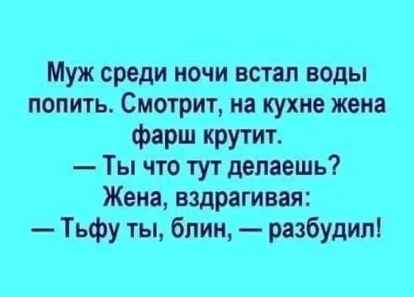 Муж среди ночи встал воды попить Смотрит на кухне жена фарш крутит Ты что тут делаешь Жена вздрагивая Тьфу ты блин разбудил