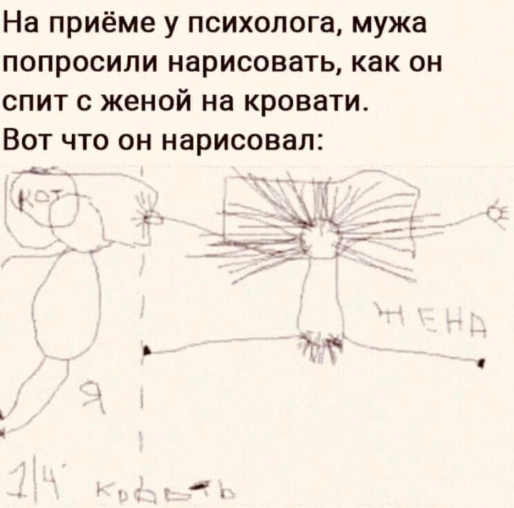 На приёме у психолога мужа попросили нарисовать как он спит женой на кровати Вот что он нарисовал _