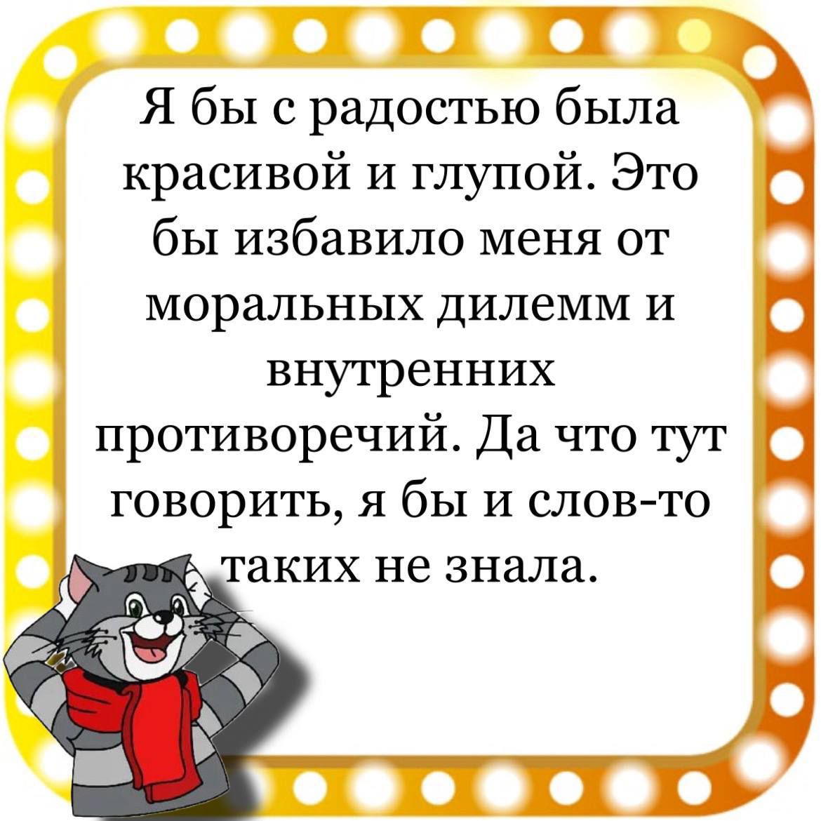 71 П Я бы с радостью была красивой и глупой Это бы избавило меня от моральных дилемм и внутренних противоречий Да что тут говорить я бы и слов то таких не знала
