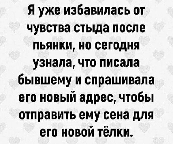 Я уже избавилась от чувства стыда ПОСЛЕ пьянки но сегодня узнала что писала бывшему и спрашивала его новый адрес чтобы отправить ему сена для его новой тёлки