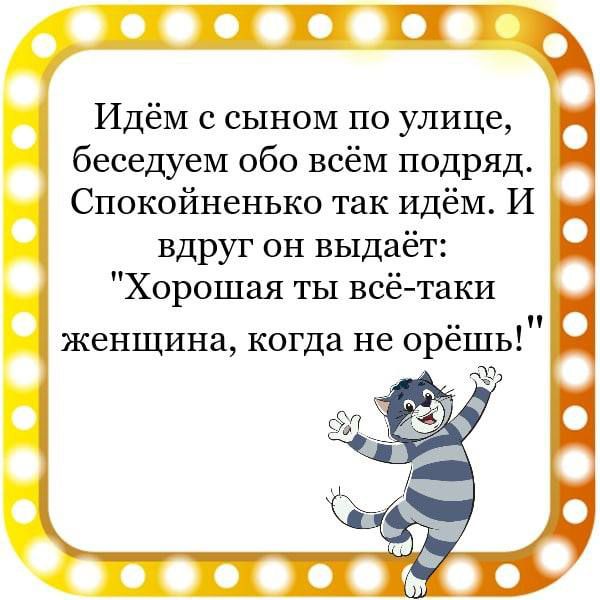 ЗП ИдёМ с сыном по улице беседуем обо всём подряд Ё Спокойненько так идём И вдруг он выдаёт Хорошая ты всётаки женщина когда не орешь