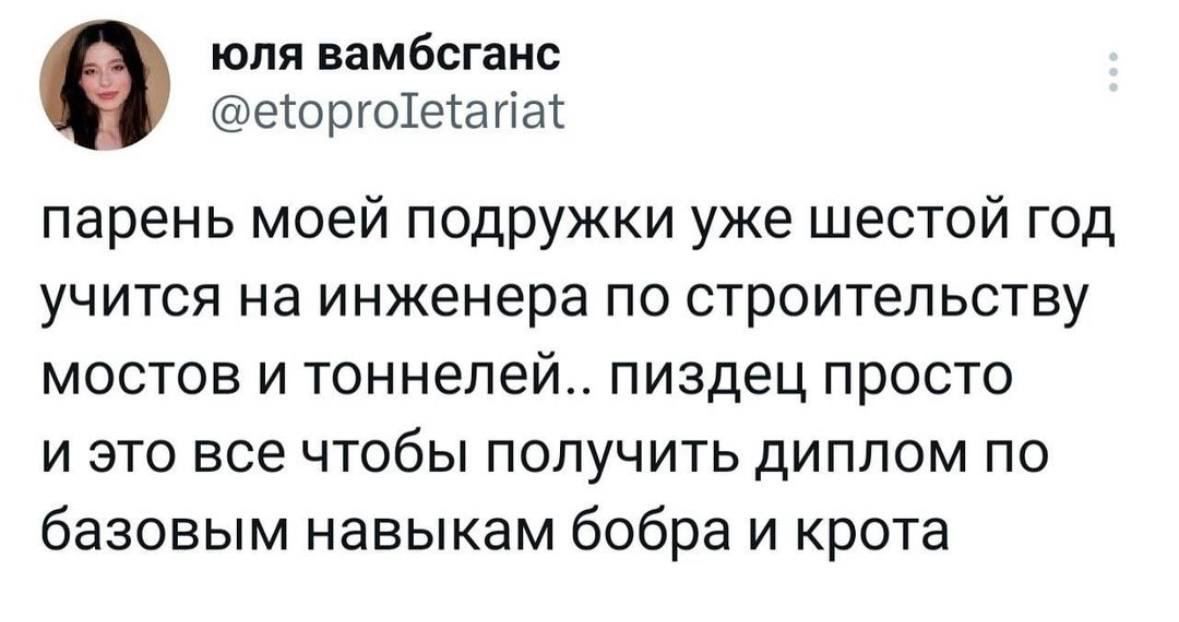 юля вамбсгаис еюргоіешгіак парень моей подружки уже шестой год УЧИТСЯ На инженера ПО строительству МОСТОВ И ТОННЕЛЕЙ ПИЭДЕЦ ПРОСТО И ЭТО все ЧТОБЫ ПОЛУЧИТЬ дИПЛОМ ПО базовым навыкам бобра и крота