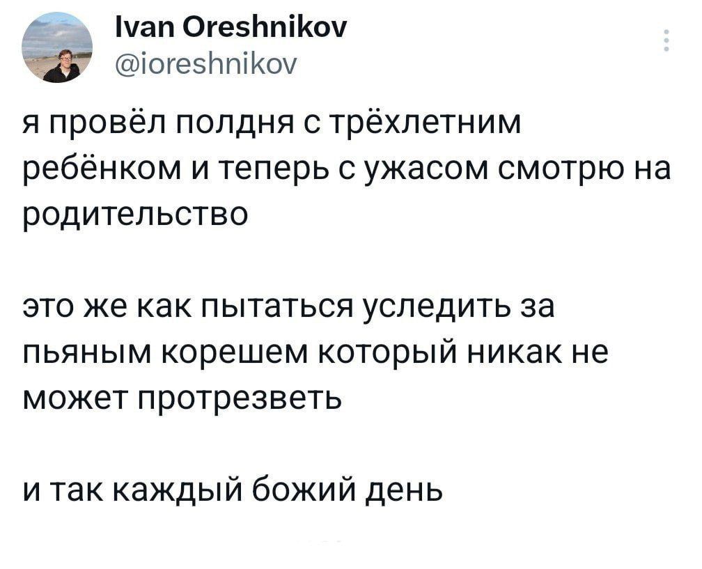 пап ОгезЬпіКои іогеэНпіКш я провёл полдня с трёхпетним ребёнком и теперь с ужасом смотрю на родительство ЭТО же как ПЫТЗТЬСЯ УСПЕДИТЬ за ПЬЯНЫМ корешем КОТОрЫЙ Никак не МОЖЕТ протрезветь и так каждый божий день