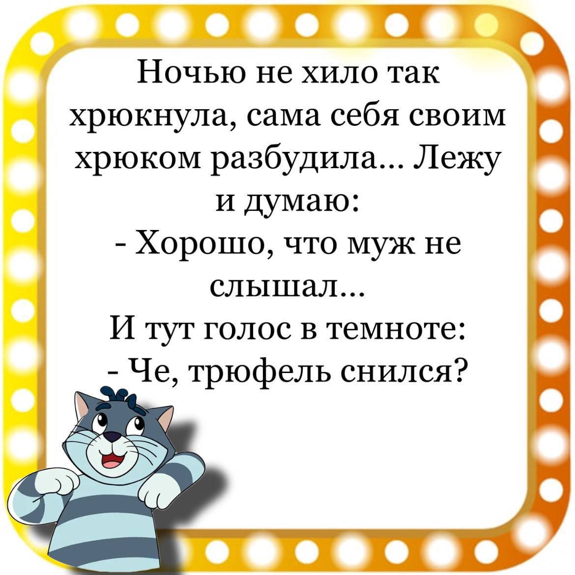 оеф Ночью не хило так хрюкнула сама себя своим хрюком разбудила Лежу и думаю Хорошо что муж не слышал И тут голос в темноте Че трюфель снился