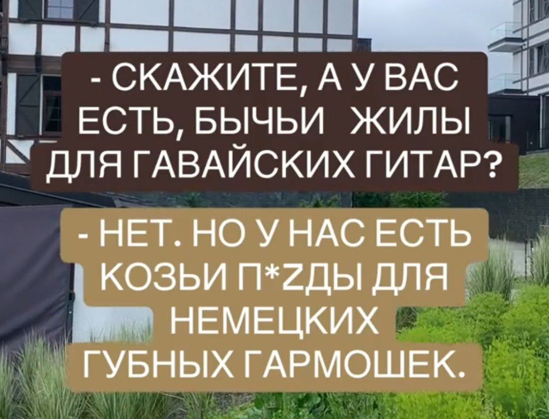 п ч СКАЖИТЕ АУ ВАС ЕСТЬ БЫЧЬИ ЖИЛЫ ДЛЯ ГАВАЙСКИХ ГИТАР НЕТ НО У НАС ЕСТЬ козьи п2ды для НЕМЕЦКИХ ГУБНЫХ ГАРМОШЕК