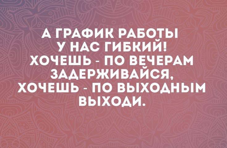 А ГРАФИК РАБОТЫ У НАС ГИБКИИ ХОЧЕШЬ ПО ВЕЧЕРАМ ЗАДЕРЖИВАЙСЯ ХОЧЕШЬ ПО ВЫХОДНЫМ ВЫХОДИ