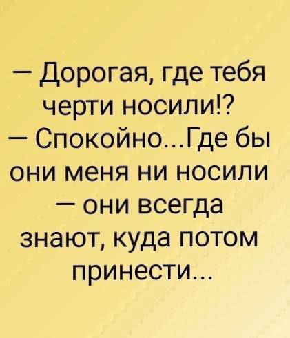 Дорогая где тебя черти носили СпокойноГде бы они меня ни носили они всегда знают куда потом принести