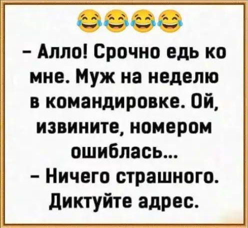 Алло Срочно едь ко мне Муж на неделю в командировке Ой извините номером ошиблась Ничего страшного Диктуйте адрес