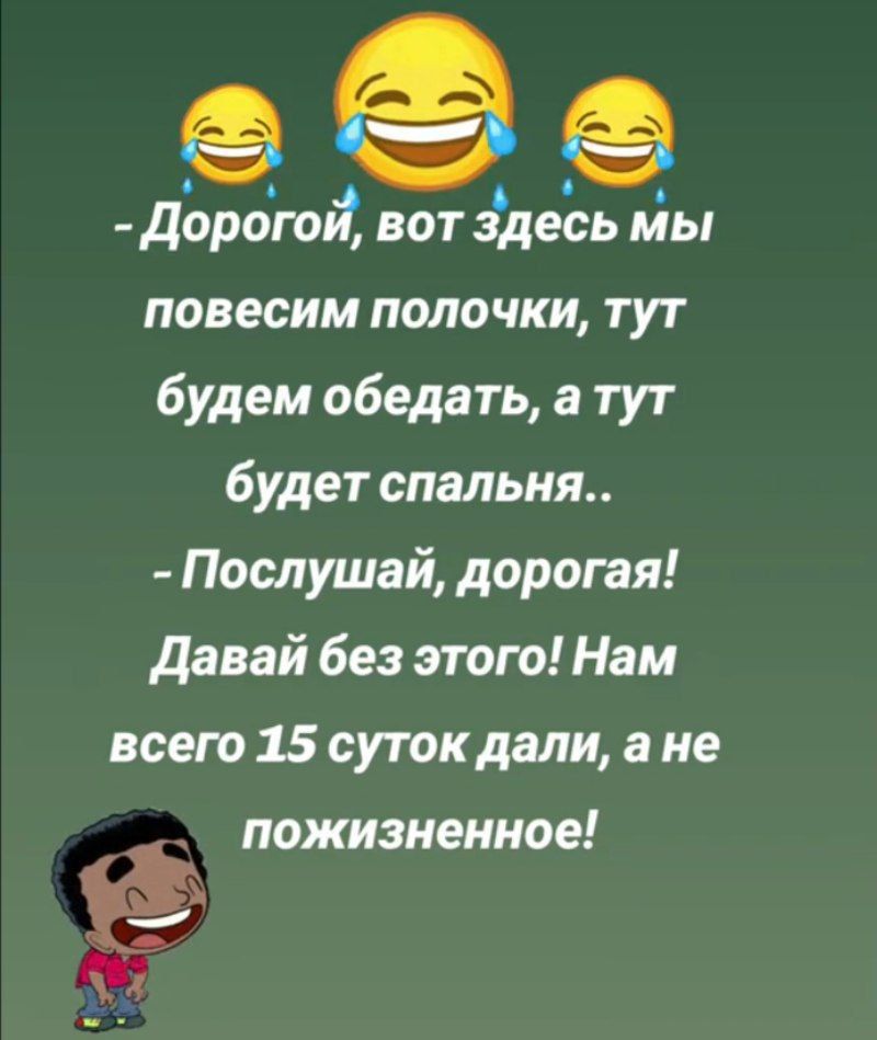 е Дорогой вот здесь мы повесим полочки тут будем обедать а тут будет спальня Послушай дорогая Давай без этого Нам всего 15 суток дали ане пожизненное _Ь Щ