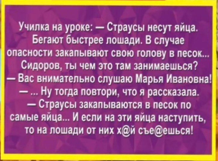 Училка на уроке Страусы несут яйца Бегают быстрее лошади В случае опасности закапывают свою голову в песок Сидоров ты чем это там занимаешься Вас внимательно слушаю Марья Ивановна Ну тогда повтори что я рассказала Страусы закапываются в песок по самые яйца И если на эти яйца наступить то на лошади от них хй съеешься