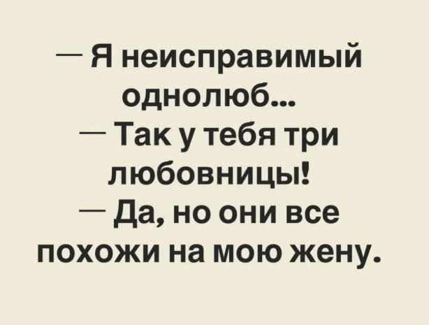 Я неисправимый однолюб Так у тебя три любовницы Да но они все похожи на мою жену