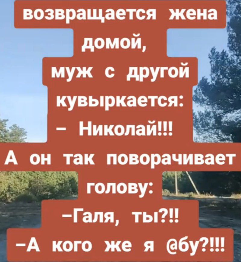 возвращается жена домой,
муж с другой куверкается:
– Николай!!!
А он так поворачивает голову:
–Галя, ты?!
–А кого же я @бу?!!!