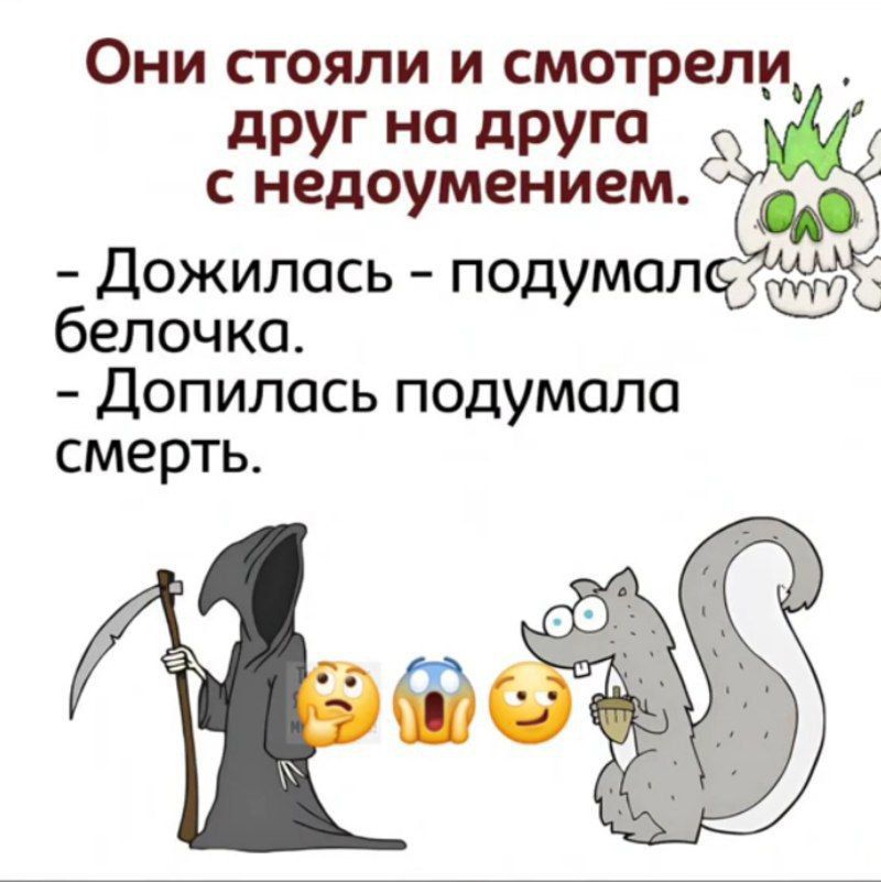 Они стояли и смотрели друг на друга с недоумением.
- Дожился - подумалось белочка.
- Допилась - подумала смерть.
