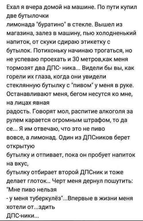 Ехал я вчера домой на машине. По пути купил две бутылочки лимонада 