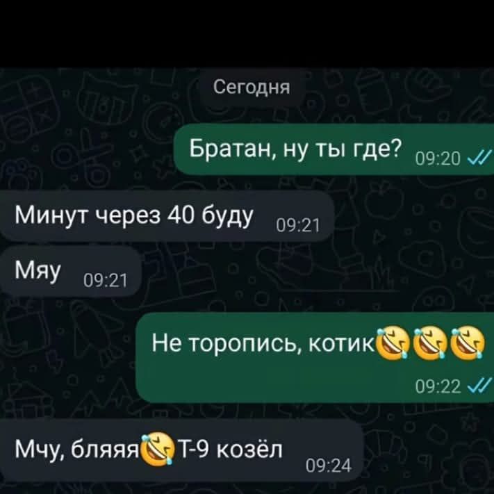 Братан, ну ты где?
Минут через 40 буду
Мяу
Не торопись, котик😂😂😂
Мчу, бляяя😂 T-9 козёл