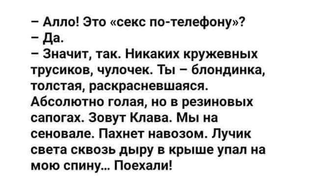 – Алло! Это «секс по-телефону»?
– Да.
– Значит, так. Никаких кружевных трусиков, чучоленок. Ты – блондинка, толстая, раскрасневшаяся.
Абсолютно голая, но в резиновых сапогах. Зовут Клава. Мы на сеновале. Пахнет навозом. Лучик света сквозь дыру в крыше упал на мою спину... Поехали!