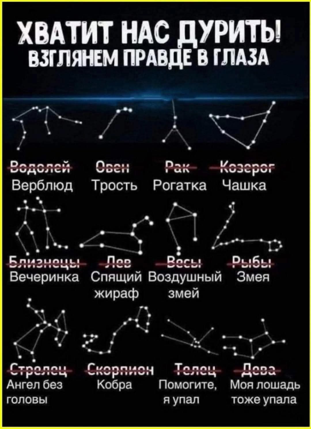 ХВАТИТ НАС ДУРИТЬ! ВЗГЛЯНЕМ ПРАВДЕ В ГЛАЗА

Водолей - Верблюд
Овен - Трость
Рак - Рогатка
Козерог - Чашка

Близнецы - Вечеринка
Лев - Спящий жираф
Весы - Воздушный змей
Рыбы - Змея

Стрелец - Ангел без головы
Скорпион - Кобра
Телец - Помогите, я упал
Дева - Моя лошадь тоже упала