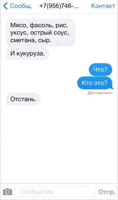Мясо, фасоль, рис, уксус, острый соус, сметана, сыр.
И кукуруза.
Что?
Кто это?
Отстань.