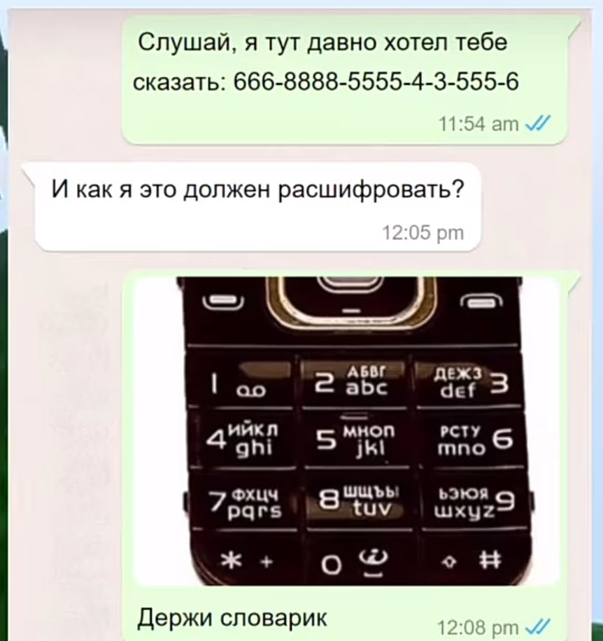 Слушай, я тут давно хотел тебе сказать: 666-8888-5555-4-3-555-6
И как я это должен расшифровать?
Держи словарик