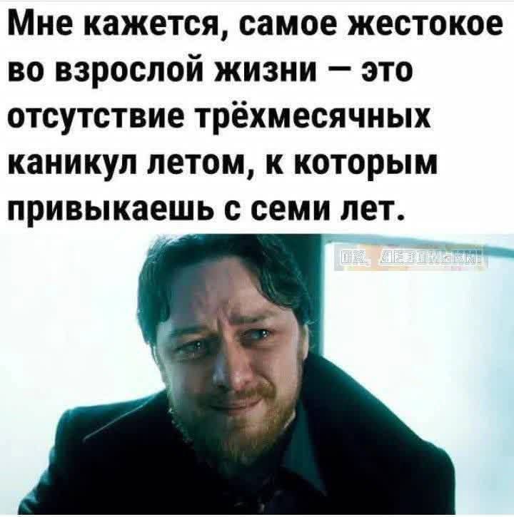 Мне кажется, самое жестокое во взрослой жизни — это отсутствие трёхмесячных каникул летом, к которым привыкаешь с семи лет.