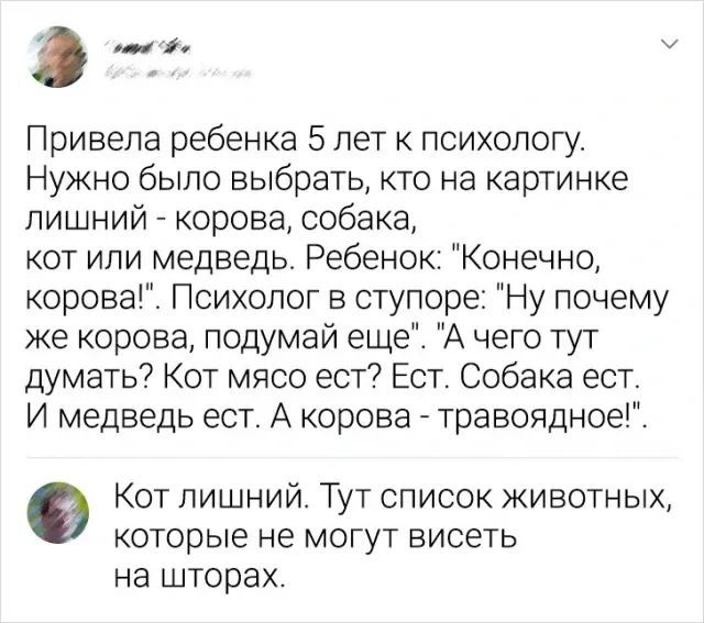 Привела ребенка 5 лет к психологу. Нужно было выбрать, кто на картинке лишний - корова, собака, кот или медведь. Ребенок: 