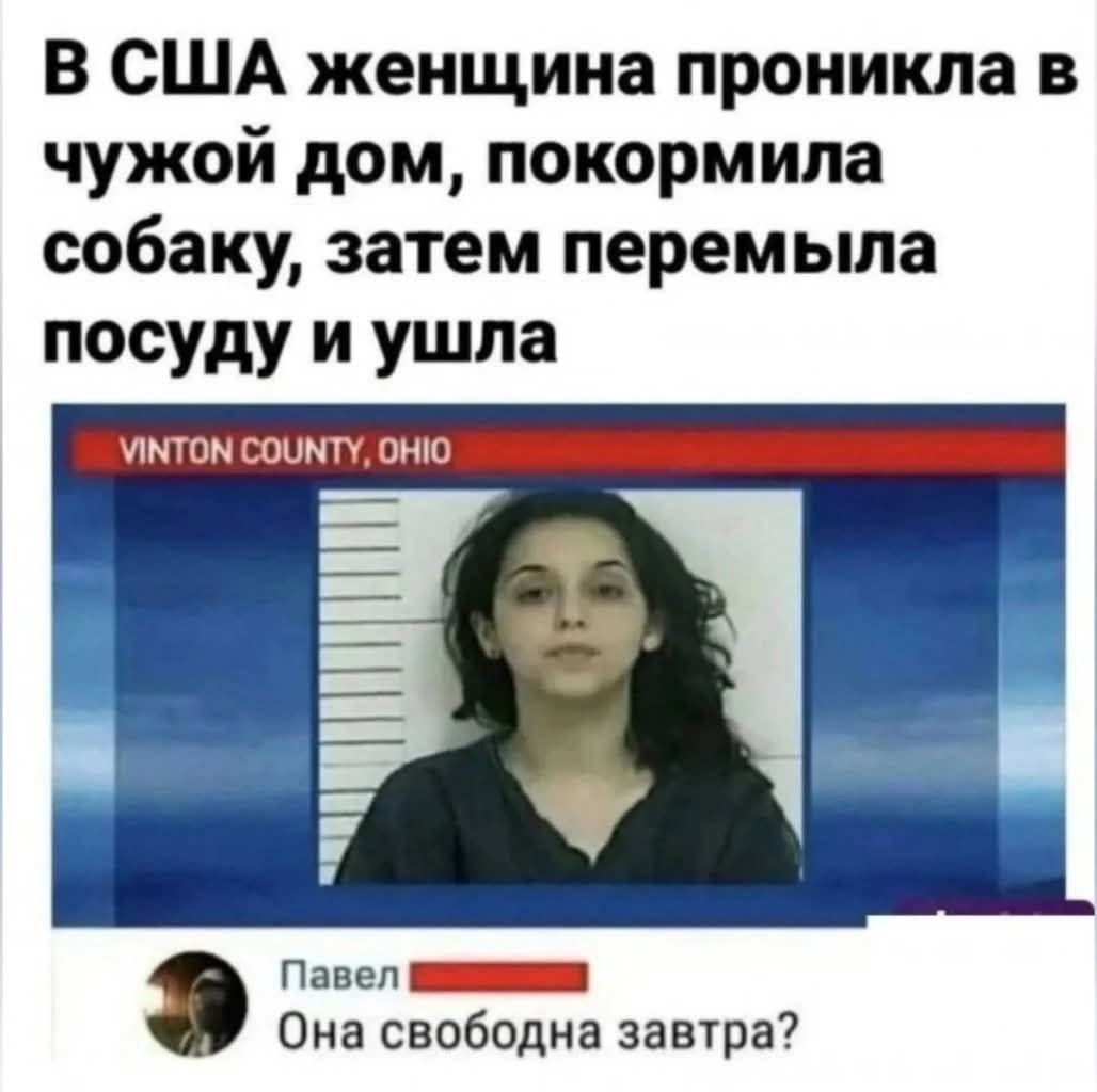 В США женщина проникла в чужой дом, покормила собаку, затем перемыла посуду и ушла.

VINTON COUNTY, OHIO

Павел: Она свободна завтра?