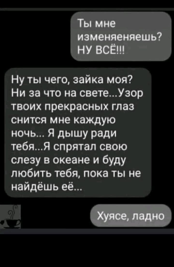 Ты мне изменяешь? НУ ВСЁ!!!

Ну ты чего, зайка моя? Ни за что на свете... Узоры твоих прекрасных глаз снятся мне каждую ночь... Я дышу ради тебя... Я спрятал свою слезу в океане и буду любить тебя, пока ты не найдёшь её...

Хуясе, ладно