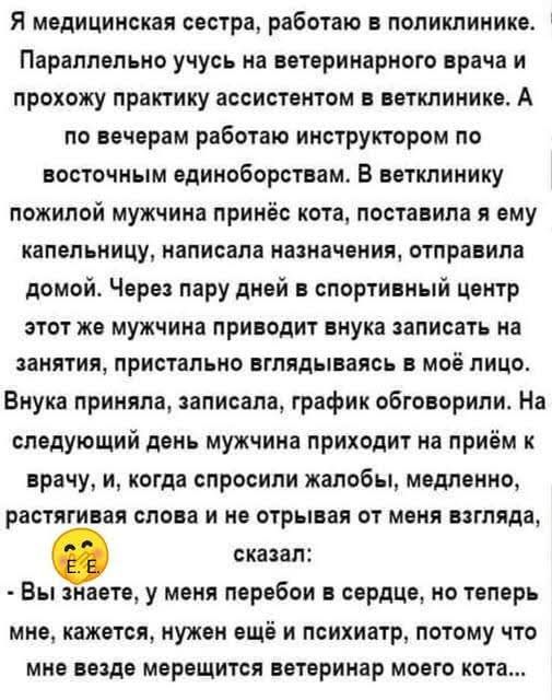 Я медицинская сестра, работаю в поликлинике. Параллельно учусь на ветеринарного врача и прохожу практику ассистентом в ветклинике. А по вечерам работаю инструктором по восточным единоборствам. В ветклинику пожилой мужчина принёс кота, поставил я ему капельницу, написала назначения, отправила домой. Через пару дней в спортивный центр этот же мужчина приводит внука записаться на занятия, пристально выглядываясь в моё лицо. Внука приняла, записала, график оговорили. На следующий день мужчина приходит на приём к врачу, у него жалобы, медленно, растягивая слова и не отрывая от меня взгляда, сказал: - Вы знаете, у меня перебой в сердце, но теперь мне, кажется, нужно ещё и психиатр, потому что мне теперь мерещится ветеринар моего кота...