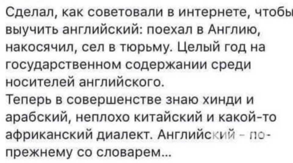 Сделал, как советовали в интернетe, чтобы выучить английский: поехал в Англию, накосячил, сел в тюрьму. Целый год на государственном содержании среди носителей английского.
Теперь в совершенстве знаю хинди и арабский, неплохо китайский и какой-то африканский диалект. Английский - по-прежнему со словарем...