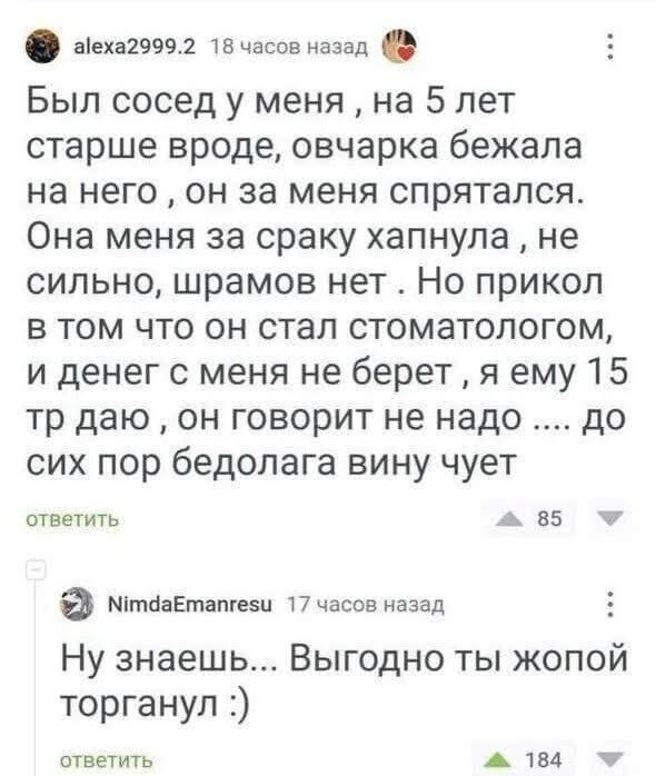 Был сосед у меня, на 5 лет старше вроде, овчарка бегала на него, он за меня спрятался. Она меня за сраку хапнула, не сильно, шрамов нет. Но прикол в том что он стал стоматологом, и денег с меня не берет, я ему 15 тр даю, он говорит не надо .... до сих пор бедолага вину чет
Ну знаешь… Выгодно ты жопой торганул :)