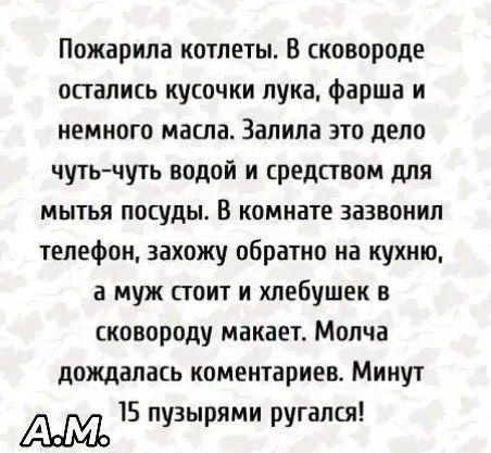 Пожарила котлеты. В сковороде остались кусочки лука, фарша и немного масла. Залила это дело чуть-чуть водой и средством для мытья посуды. В комнате зазвонил телефон, захожу обратно на кухню, а муж стоит и хлебушек в сковороду макает. Молча дождалась комментариев. Минут 15 пузырями ругалась!