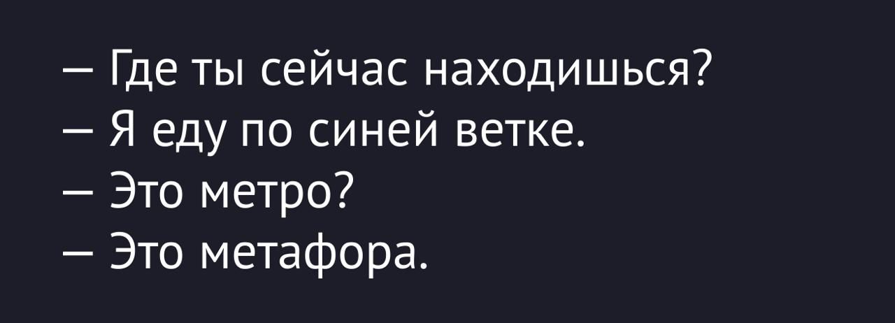 — Где ты сейчас находишься? — Я еду по синей ветке. — Это метро? — Это метафора.