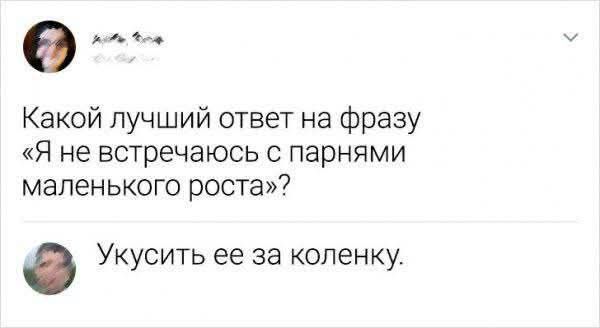 Какой лучший ответ на фразу «Я не встречаюсь с парнями маленького роста»? Укусить ее за коленку.