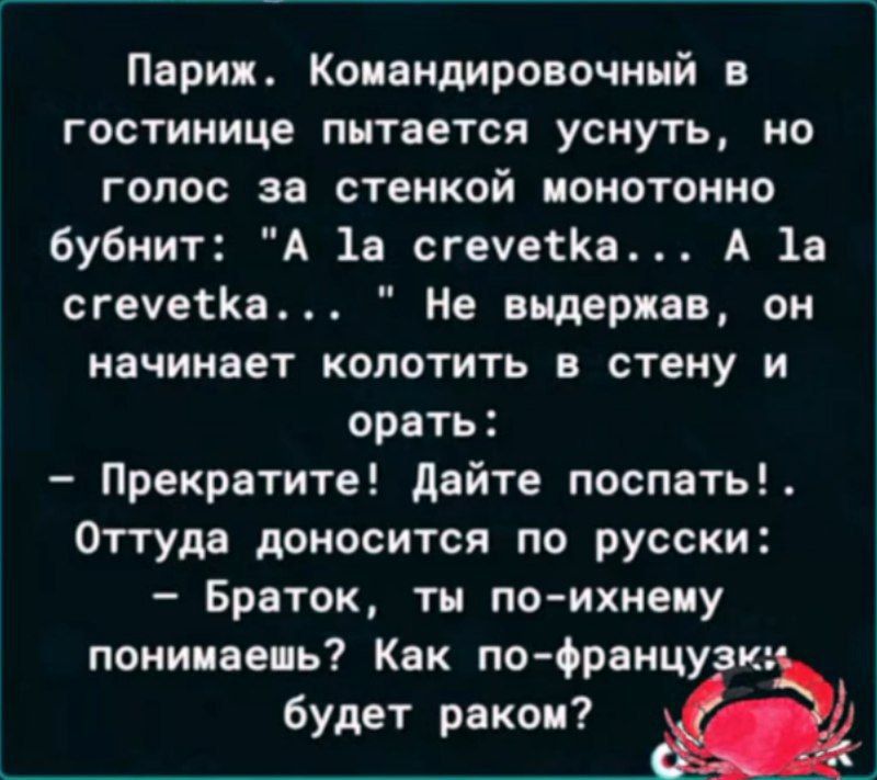 Париж. Командировочный в гостинице пытается уснуть, но голос за стенкой монотонно бубнит: 