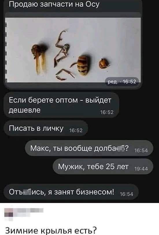 Продаю запчасти на Осу
Если берете оптом - выйдет дешевле
Писать в личку
Макс, ты вообще долбан?
Мужик, тебе 25 лет
Отвис, я занят бизнесом!
Зимние крылья есть?