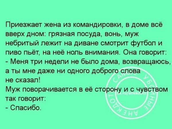 Приезжает жена из командировки, в доме всё вверх дном: грязная посуда, вонь, муж небритый лежит на диване смотрит футбол и пиво пьёт, на неё ноль внимания. Она говорит: - Меня три недели не было дома, возвращаюсь, а ты мне даже ни одного доброго слова не сказал! Муж поворачивается в её сторону и с чувством так говорит: - Спасибо.