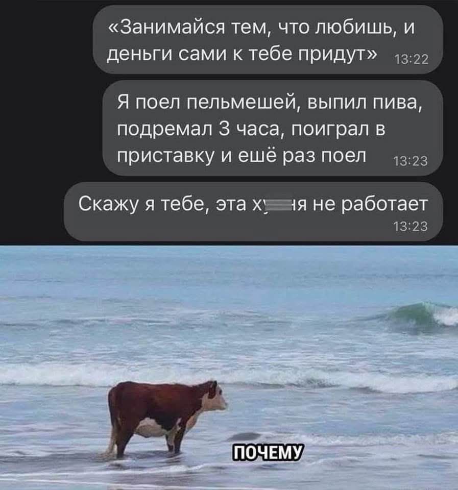 «Занимайся тем, что любишь, и деньги сами к тебе придут» Я поел пельменей, выпил пива, подремал 3 часа, поиграл в приставку и ещё раз поел Скажу я тебе, эта х**я не работает ПОЧЕМУ