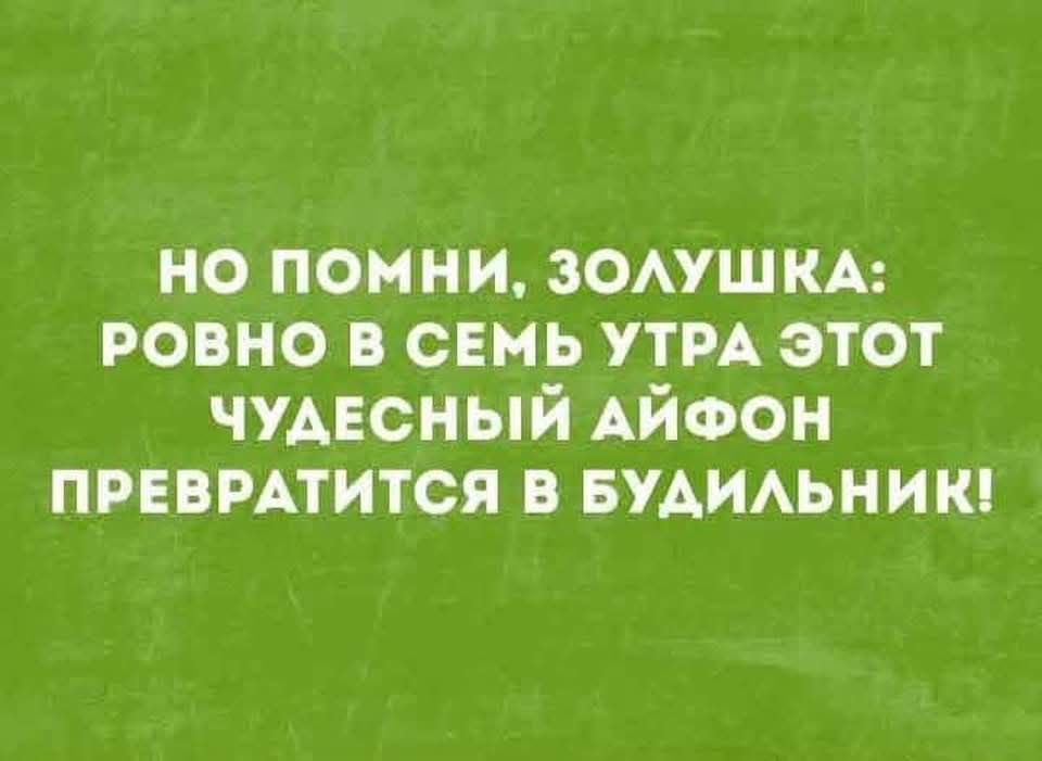 НО ПОМНИ, ЗОЛУШКА:
РОВНО В СЕМЬ УТРА ЭТОТ
ЧУДЕСНЫЙ АЙФОН
ПРЕВРАТИТСЯ В БУДИЛЬНИК!