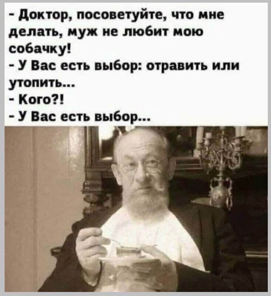 - Доктор, посоветуйте, что мне делать, муж не любит мою собачку!
- У Вас есть выбор: отравить или утопить...
- Кого?!
- У Вас есть выбор...