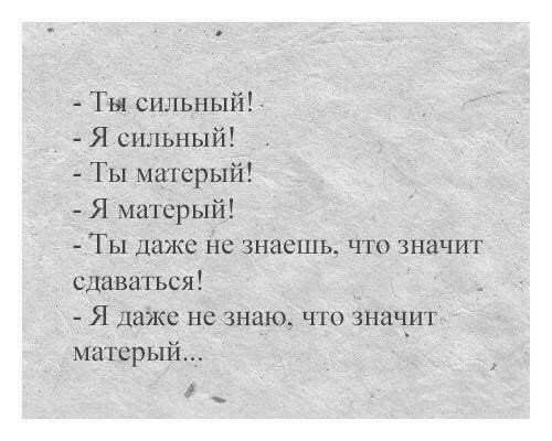 - Ты сильный!
- Я сильный!
- Ты матерый!
- Я матерый!
- Ты даже не знаешь, что значит сдаваться!
- Я даже не знаю, что значит матерый...