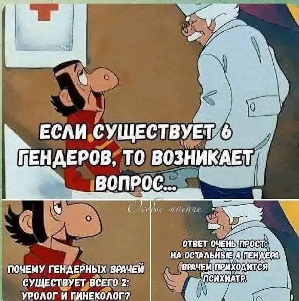 ЕСЛИ СУЩЕСТВУЕТ 6 ГЕНДЕРОВ, ТО ВОЗНИКАЕТ ВОПРОС... Почему гендерных врачей существует всего 2: уролог и гинеколог? Ответ очень прост: на остальных 6 гендеров врачу приходится психиатр.
