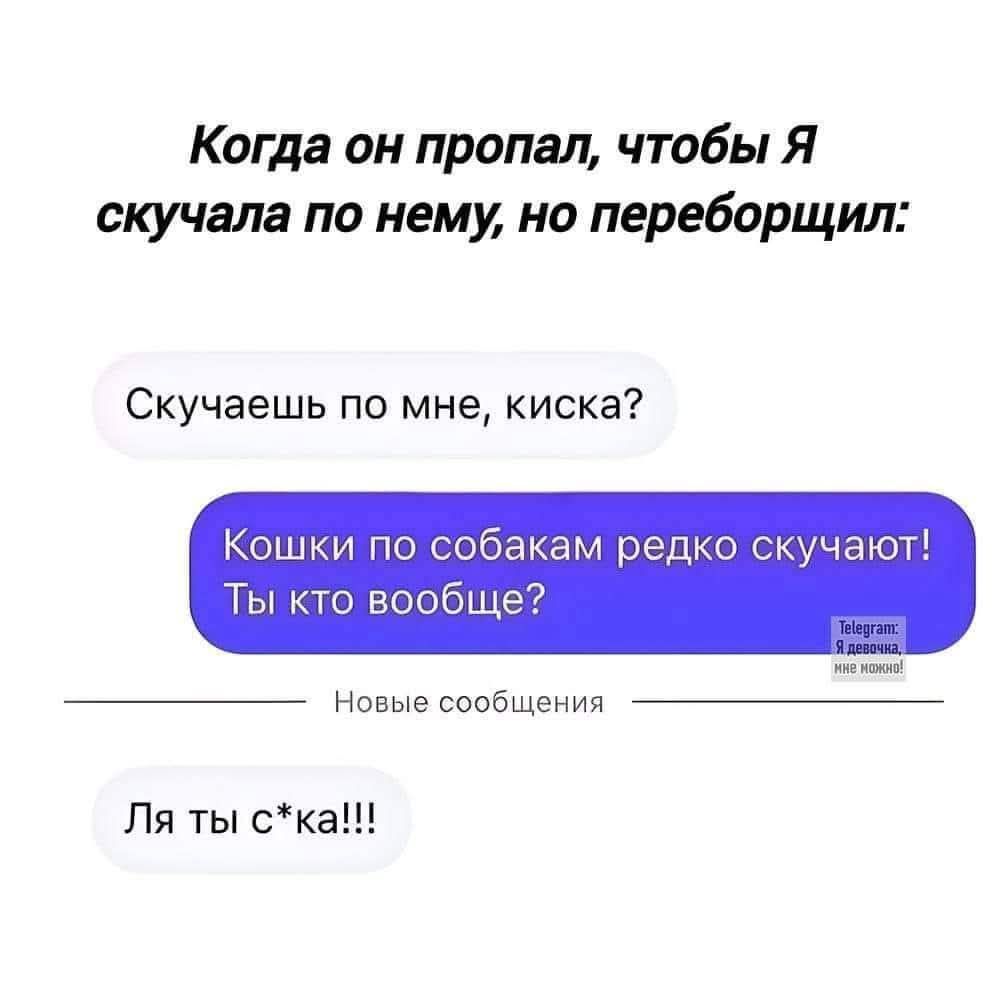 Когда он пропал, чтобы Я скучала по нему, но переборщил:
Скучаешь по мне, киска?
Кошки по собакам редко скучают! Ты кто вообще?
Ля ты с*ка!!!