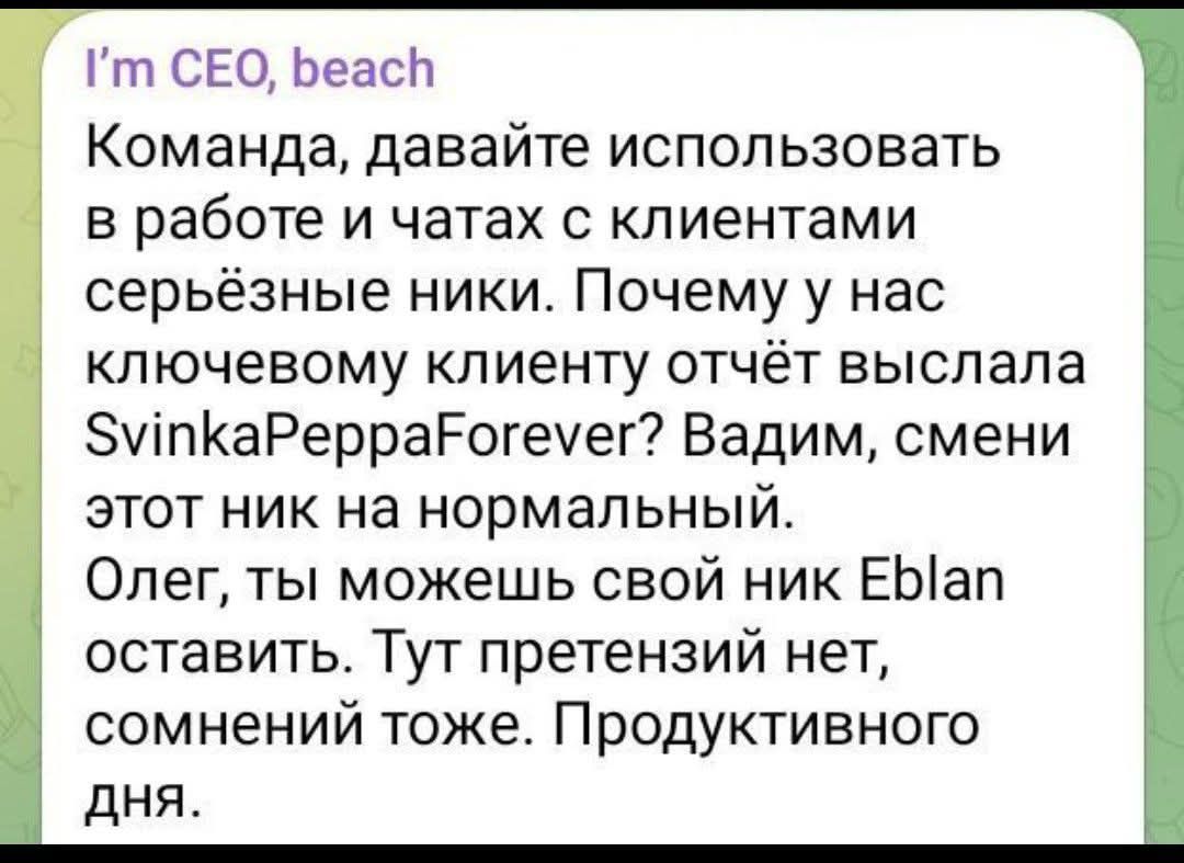 Команда, давайте использовать в работе и чатах с клиентами серьёзные ники. Почему у нас ключевому клиенту отчёт выслала SvinkaPeppaForever? Вадим, смени этот ник на нормальный. Олег, ты можешь свой ник Eblan оставить. Тут претензий нет, сомнений тоже. Продуктивного дня.